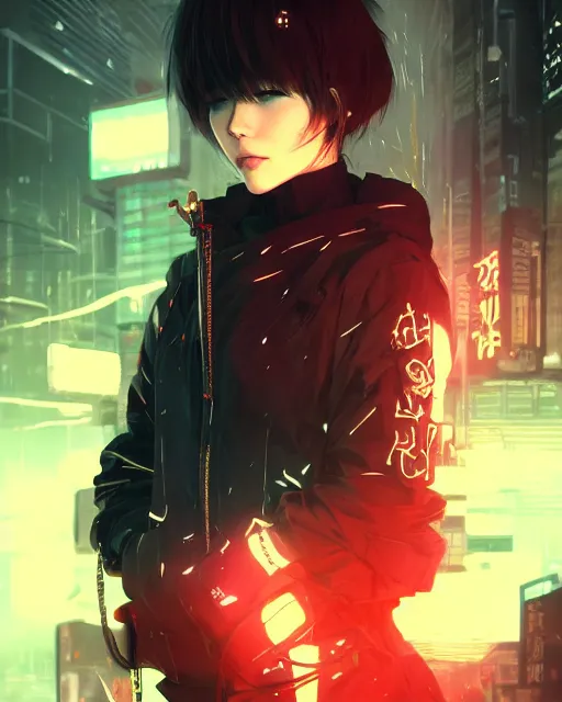 Prompt: kyoto animation, cool lady wearing cyberpunk intricate streetwear, beautiful, detailed portrait, cell shaded, 4 k, concept art, by wlop, ilya kuvshinov, artgerm, krenz cushart, greg rutkowski, pixiv. cinematic dramatic atmosphere, sharp focus, volumetric lighting, cinematic lighting, studio quality