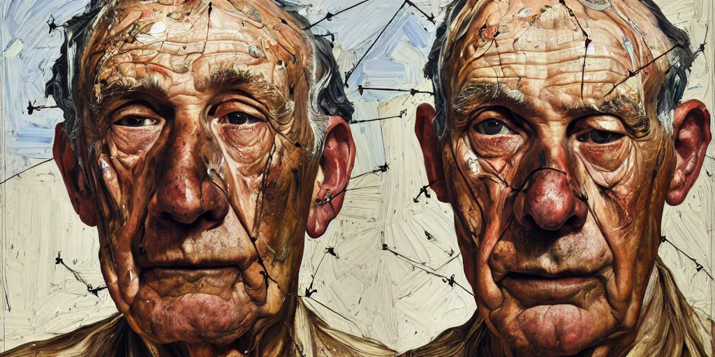 Image similar to a head and shoulders portrait a very ordinary old man with an sad expression, side angle, by Lucian Freud and Jenny Saville and Anselm Kiefer, oil painting, rust, Scaffolding, sunflowers, anatomically correct, beautiful perfect face, visible brushstrokes, sharp focus, Highly Detailed, Cinematic Lighting, 8k, HD