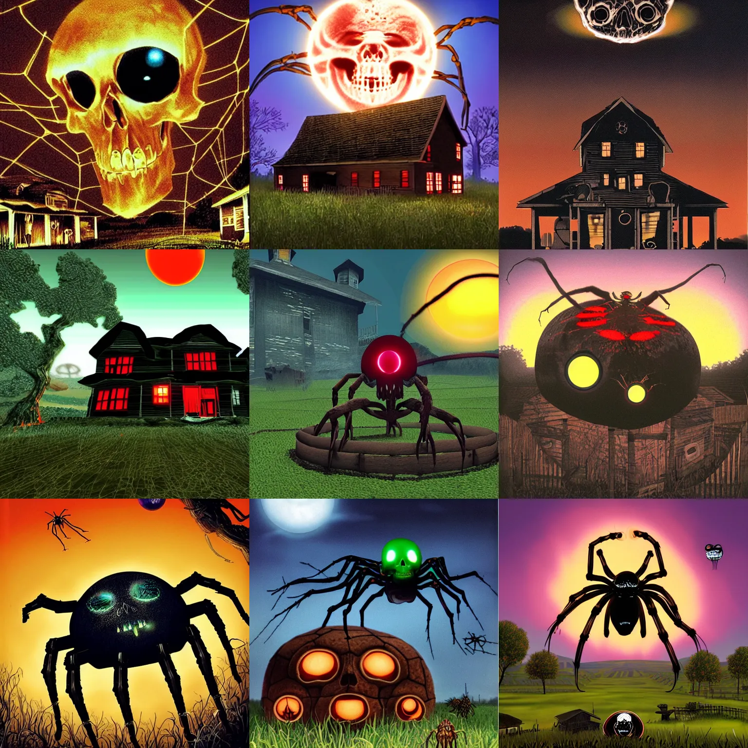 Image similar to giant skull spider with bright glowing eyes hovering over a farm house at dusk, ps2 boxart