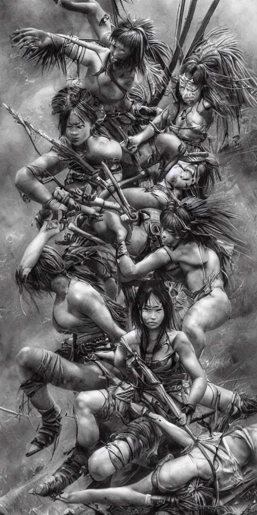 Image similar to editorial photo of brutal battle in layered jungle, Asian samurais and Amazonian females climbing onto another and fight, epic,three point perspective, vintage, blood, slight inspiration of Boris vallejo and apocalypto, war photography