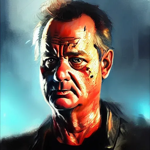 Image similar to bill murray as the terminator, dramatic light, painted by stanley lau, painted by greg rutkowski, painted by stanley artgerm, digital art, trending on artstation