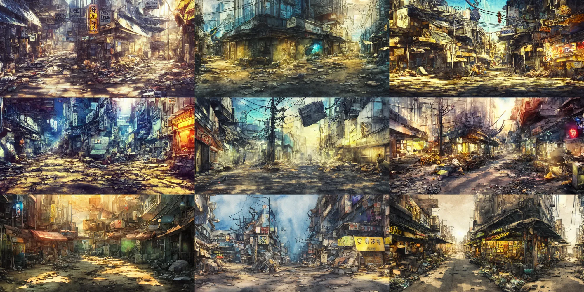 Prompt: incredible anime movie scene, watercolor, underwater market, empty road, coral, harsh bloom lighting, rim light, abandoned city, paper texture, movie scene, caustics shadows, deserted shinjuku junk town, old pawn shop, bright sun ground, wires, telephone pole, pipes, yellow dragon head
