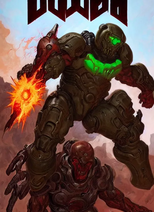 Image similar to ( doom ) cover featuring doom slayer!! by kenneth scott and frank frazetta, artstation, vivid gaze