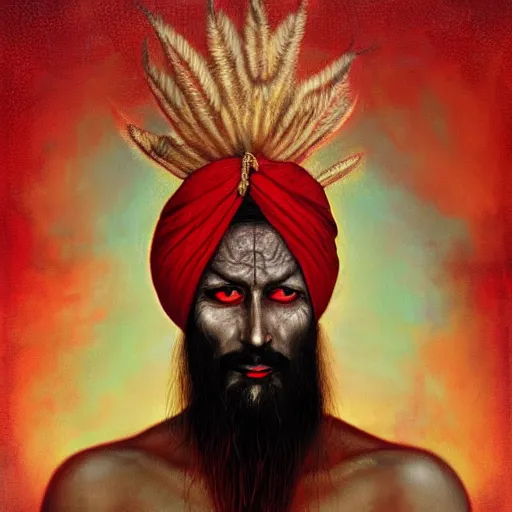 Image similar to old indian guru, turban, creepy, red and gold, meditation, by Anato Finnstark, Tom Bagshaw, Brom