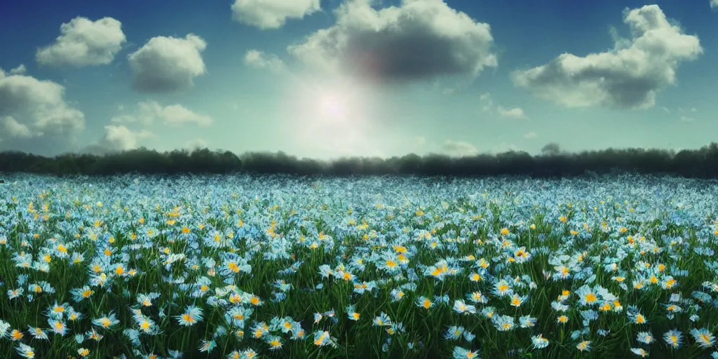 Image similar to field of light - blue daisies, white sky in background, matte painting