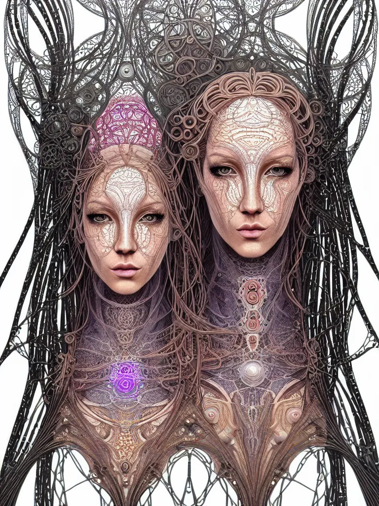 Image similar to full colour beautiful biomechanical female blonde dreadlock cyborg, realistic skin, geometrical octagonal lace tattoos, alexander mcqueen, art nouveau fashion embroidered, futuristic android jones style steampunk, trippy lsd hippie, craftsmanship, intricate silver filigrees, contrast hexagonal mesh wire, mandelbrot fractal mandala, alex grey, giger, hyperreal, photorealistic