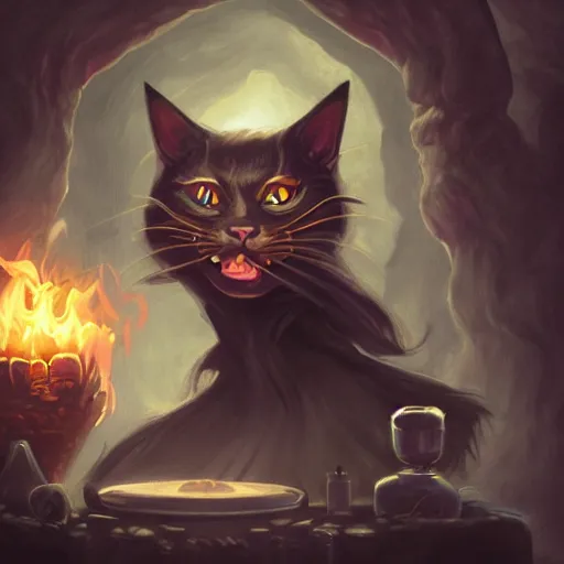 Image similar to Anthropomorphized dark Cat, evil, brewing potion in witch Hut, magic the gathering artwork, horror, D&D, fantasy, cinematic lighting, centered, symmetrical, highly detailed, digital painting, artstation, concept art, smooth, sharp focus, illustration, volumetric lighting, epic Composition, 8k, art by Akihiko Yoshida and Greg Rutkowski and Craig Mullins, oil painting, cgsociety