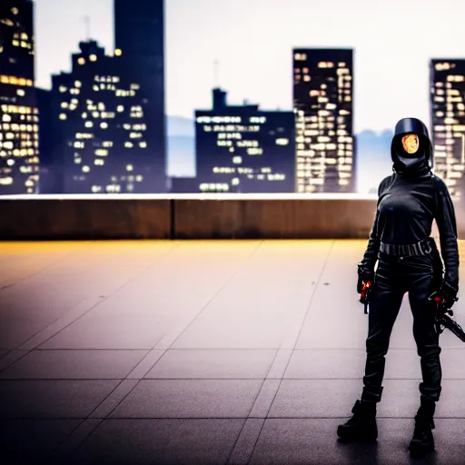 Image similar to photographic portrait of a techwear woman holding a bullet up to the camera, closeup, on the rooftop of a futuristic city at night, sigma 85mm f/1.4, 4k, depth of field, high resolution, full color, award winning photography, inspired by Kill Bill, inspired by John Wick, inspired by Die Hard, movies with guns, movie firearms