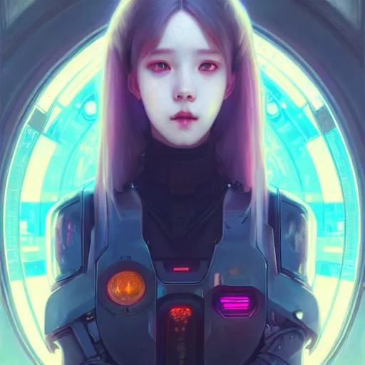 Image similar to portrait painting of cyberpunk chuu loona kpop smiling cheerfully, ultra realistic, concept art, intricate details, eerie, highly detailed, photorealistic, octane render, 8 k, unreal engine. art by artgerm and greg rutkowski and magali villeneuve and alphonse mucha