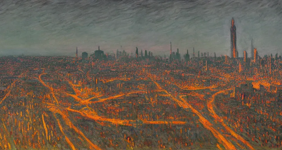 Image similar to Lisbon in 2287, cyberpunk, dark academia, by Simon Stålenhag and Claude Monet, oil on canvas