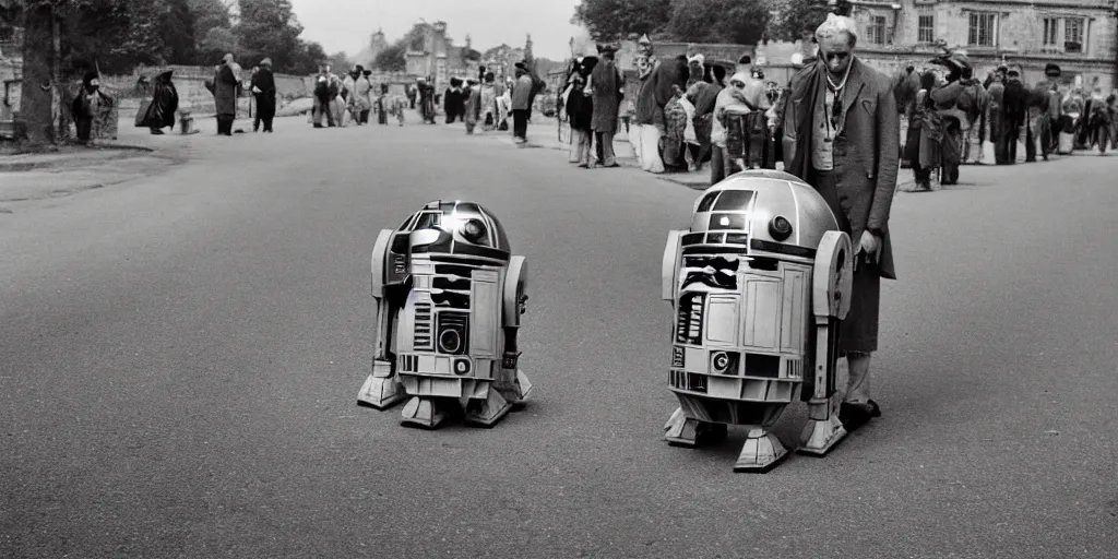 Prompt: vintage photo of a R2D2 on empty streets of 18th century England