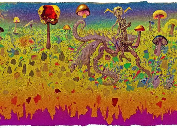 Image similar to pixel decollage painting golden armor alien zombie horseman riding on a crystal bone dragon broken rainbow diamond maggot horse in a blossoming meadow full of colorful mushrooms and golden foil toad blobs in a golden sunset, distant forest horizon, painted by Mark Rothko, Helen Frankenthaler, Danny Fox and Hilma af Klint, pixelated, neo expressionism, semi naive, pastel colors, cinematic, color field painting, cave painting, voxel, pop art look, outsider art, minimalistic. Bill Traylor painting, part by Philip Guston and Francis Bacon. art by Adrian Ghenie, very coherent symmetrical artwork, cinematic, hyper realism, high detail, octane render, unreal engine, Smooth gradients, depth of field, full body character drawing, extremely detailed, 8k, extreme detail, intricate detail, masterpiece