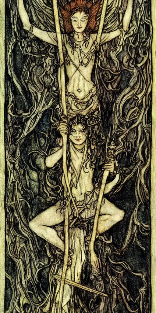 Image similar to tarot card detailed painting, illustration, tarot card framing with roman numbers, in style of Arthur Rackham