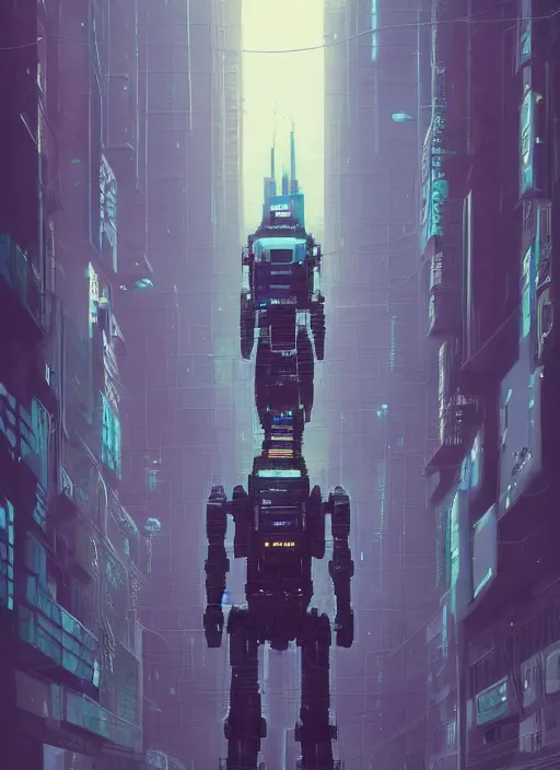 Image similar to a painting of a giant robot standing in front of a city, cyberpunk art by mike winkelmann, behance contest winner, nuclear art, dystopian art, apocalypse art, sci - fi