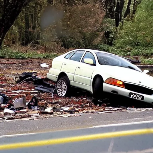 Prompt: a photo of a 1 9 9 8 jaguar s - type crashed.