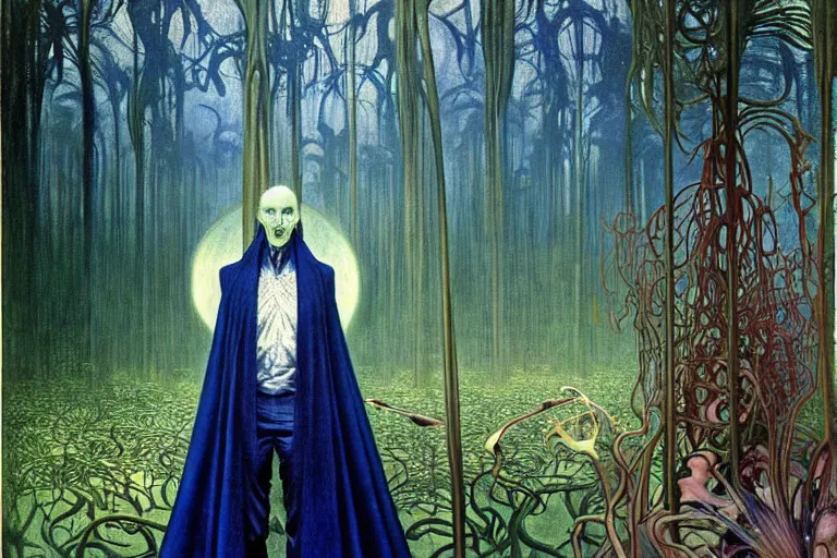 Prompt: realistic extremely detailed portrait painting of an elegantly creepy vampire man in a cape, futuristic sci-fi forest on background by Jean Delville, Amano, Yves Tanguy, Alphonse Mucha, Ernst Haeckel, Edward Robert Hughes, Roger Dean, rich moody colours, blue eyes