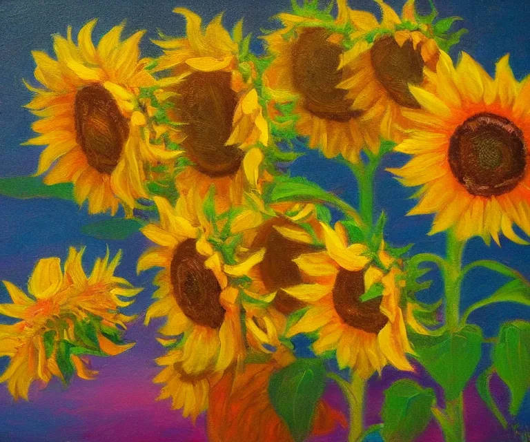 Image similar to sunflowers, william henrits, hovik zohraybyan, oil painting, bright colors, pink skies, sunrise, soft tones