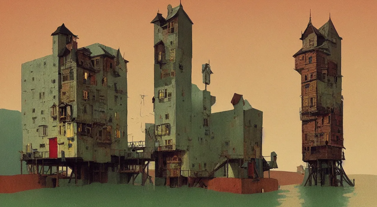 Image similar to single flooded simple crazy wooden tower, very coherent and colorful high contrast!! masterpiece by rene magritte simon stalenhag carl spitzweg syd mead norman rockwell edward hopper james gilleard, minimalist, dark shadows, sunny day, hard lighting