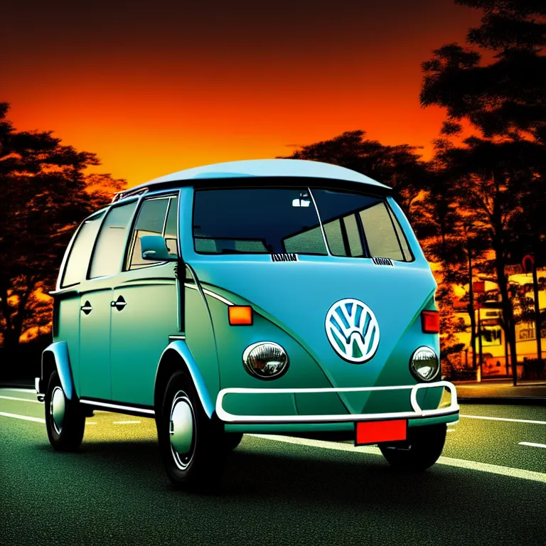 Image similar to close-up-photo VW beech buggy middle of street, sunset kanagawa prefecture, night, cinematic color, photorealistic, highly detailed,