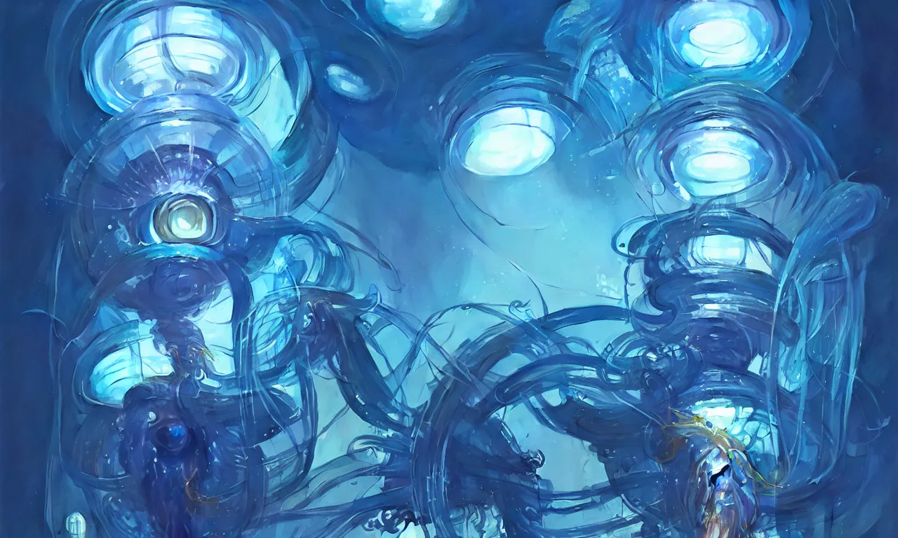 Image similar to cyberpunk jellyfish, blue tones, underwater, 360, highly detailed, digital painting, artstation, concept art, smooth, sharp focus, illustration, art by greg rutkowski and alphonse mucha