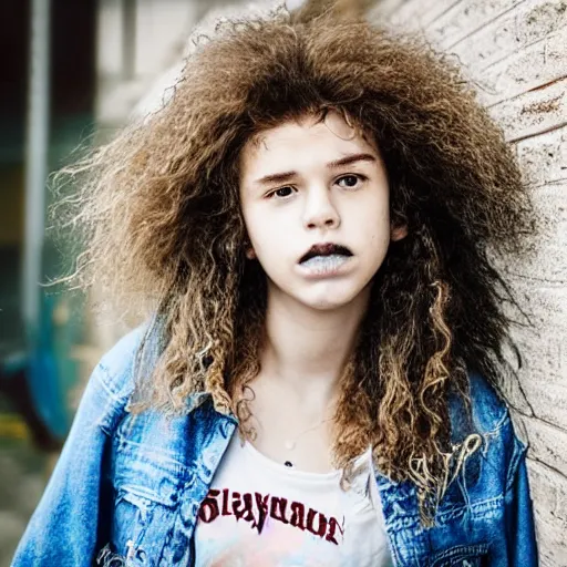 Prompt: teenage girl, shaggy hair permed hair, double denim, heavy rocker, 2 0 2 2 photograph