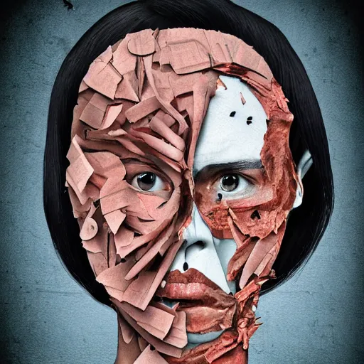 Image similar to face shredded like paper as skin peeling, dark, surreal, illustration, by ally burke