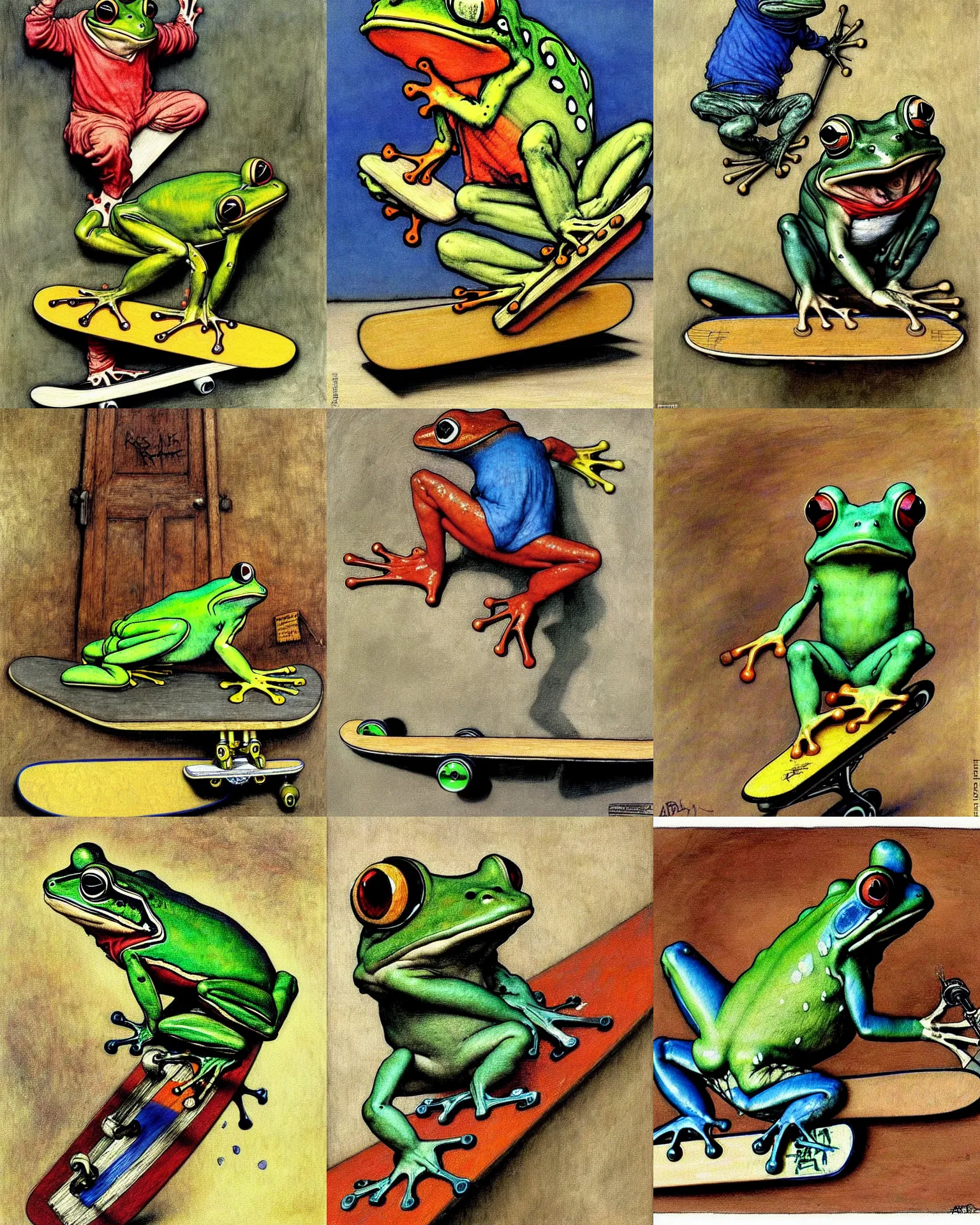 Prompt: painting 1990s Frog doing tricks on skateboard Old school rap, graffiti by Arthur Rackham, Eugene de Blaas, Frederic Leighton