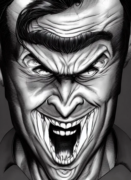 Prompt: aesthetic digital portrait of a handsome young man with a sinister grin by brian bolland, rachel birkett, alex ross, and neal adams | dark, intimidating, imposing, portrait, character concept, concept art, unreal engine, finalrender, centered, deviantart, artgerm