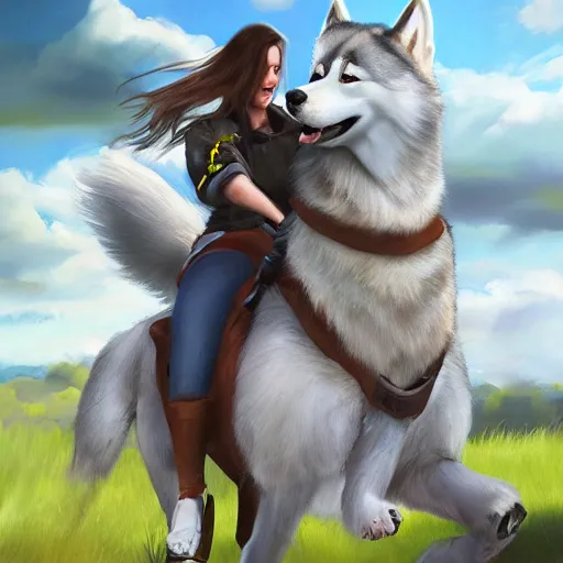 Image similar to girl riding a giant husky in the park, trending on artstation