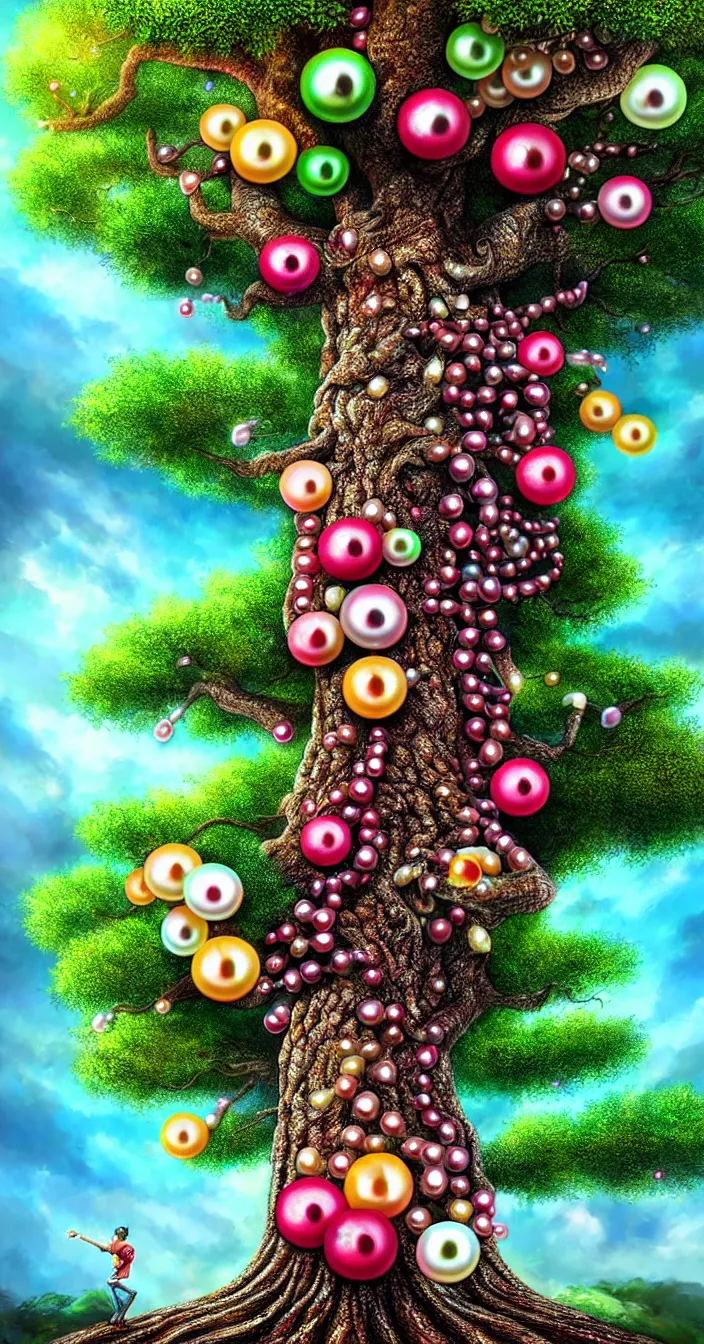 Prompt: realistic photo of big tree giving colorful pearls as fruits, sharp focus, in the style of greg rutswoski, very hyper realistic, highly detailed, fantasy art station