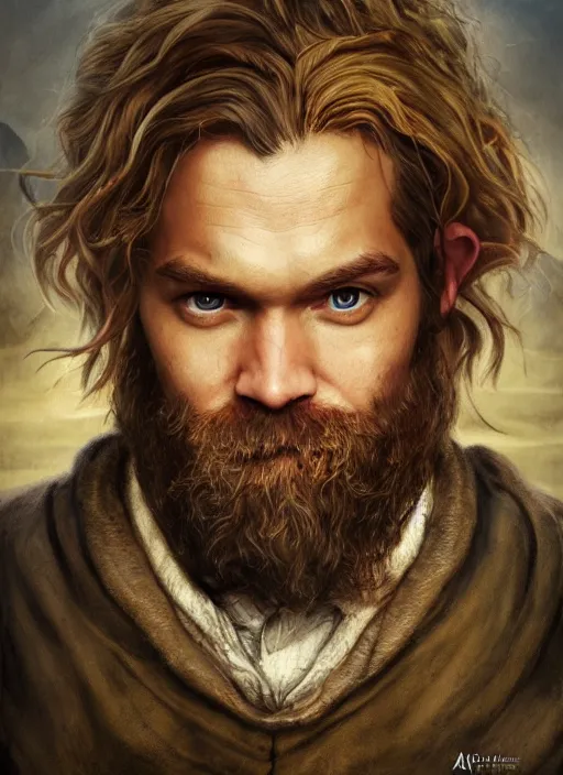 Prompt: portrait of pewdiepie as a hobbit, happy hobbit eating, by alan lee, lord of the rings, smooth, oil painting, matte painting, concept art, trending on artstation, promotional artwork, film still, elegant, photorealistic facial features, intricate, detailed face, cinematic lighting