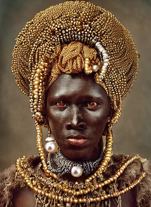 Image similar to hyperrealism, detailed textures, award winning autochrome african colonial 1 9 0 5 photo, symetrical africanpearl old screaming medusa queen autochrome pearl portrait, pearl silverplate, intricate, detailed facial pearl scary animal mask, pearl, golden jewelery, silverplate, ultra realistic, cinematic, intricate, cinematic light by steve mccurry, unreal engine 8 k