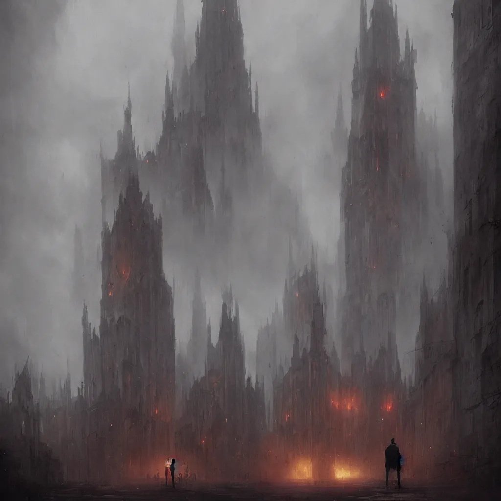 Image similar to devil, scary, magical area, foggy area, by greg rutkowski, sharp focus, man standing, tower