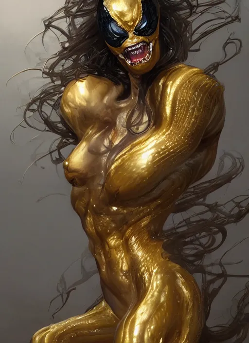 Image similar to gold and white female venom, naturel, hyper detailed, digital art, trending in artstation, cinematic lighting, studio quality, smooth render, unreal engine 5 rendered, octane rendered, art style by klimt and nixeu and ian sprigger and wlop and krenz cushart