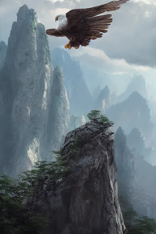 Image similar to portrait, white eagle flying over the huashan trail, dramatic lighting, cinematic, establishing shot, extremly high detail, photo realistic, cinematic lighting, post processed, concept art, artstation, matte painting, style by eddie mendoza, raphael lacoste, alex ross