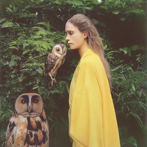 Image similar to head to shoulder portrait Polaroid film photograph of an elegant top model wearing a yellow kimono with a very detailed barn owl on her shoulder!!! in a tropical greenhouse. looking at the camera!!. super resolution. Polaroid 600 film. art by Alessio albi and john william waterhouse and John Singer Sargent.