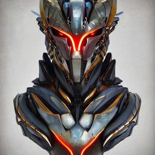 Image similar to stunning bust of a beautiful majestic anthropomorphic humanoid robot mecha female dragon, with smooth and streamlined armor, standing and posing elegantly, well detailed dragon head with epic LED eyes and a warm maw, sharp and dangerous sleek design, two arms, two legs, long tail, beautiful digital art, artstation, DeviantArt, FurAffinity, professional, depth of field, close-up, hd, octane render, sunset lighting