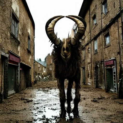 Image similar to horror, moody, still from film, daytime, muddy village square, wide shot, huge, roaring mutant goat monster, powerful, stumpy legs have human hands instead of hoofs, filthy jagged teeth in gaping mouth, matted dirty fur, in muddy medieval village square