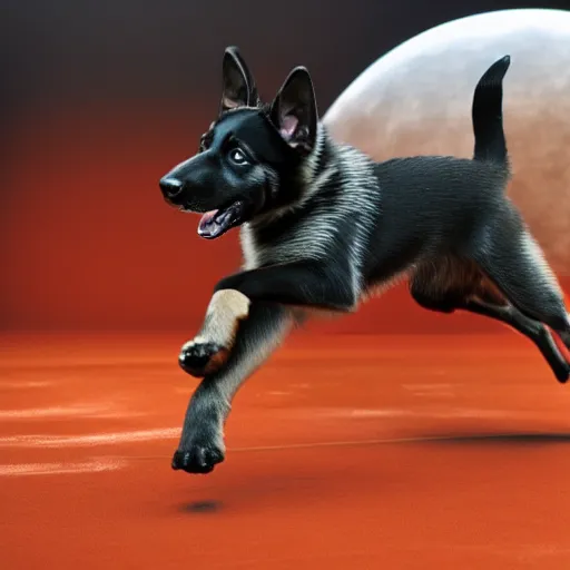 Image similar to my gsd puppy gets the zoomies, high energy, frenetic craziness, running, jumping, chasing, 3 d octane render, imax 7 0 mm, rtx,