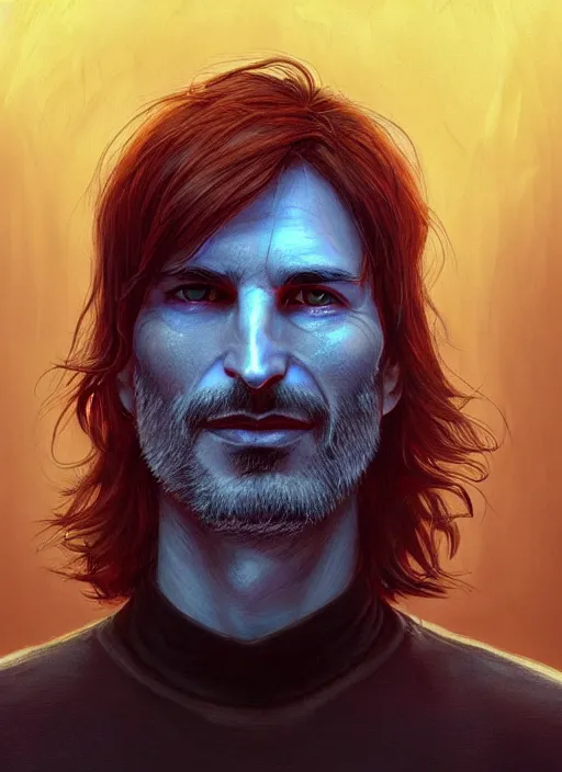 Image similar to Portrait of Steve Jobs, red glowing eyes, blue shaggy hair, male, fantasy,, extremely detailed, digital painting, artstation, concept art, smooth, sharp focus, illustration, stunning lighting, art by artgerm and greg rutkowski and alphonse mucha and simon stalenhag, realistic character concept, high fantasy, light atmosphere, golden ratio, cinematic lighting, hyperdetailed, high resolution, insanely detailed and intricate, face enhance, Marc Simonetti, Greg Rutkowski, 8k