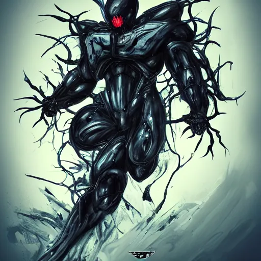 Image similar to Gundam exposed to the symbiote and became Venom.forest,horror, concept art,high detailed,fine art,trending on Artstation, smooth draw,Sharp focus.