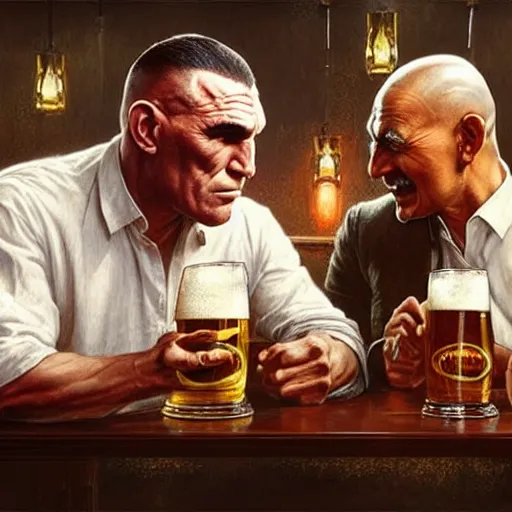 Prompt: vinnie jones and ghandi drinking beer in a pub, real life skin, intricate, elegant, highly detailed, artstation, concept art, smooth, sharp focus, art by artgerm and greg rutkowski and alphonse mucha