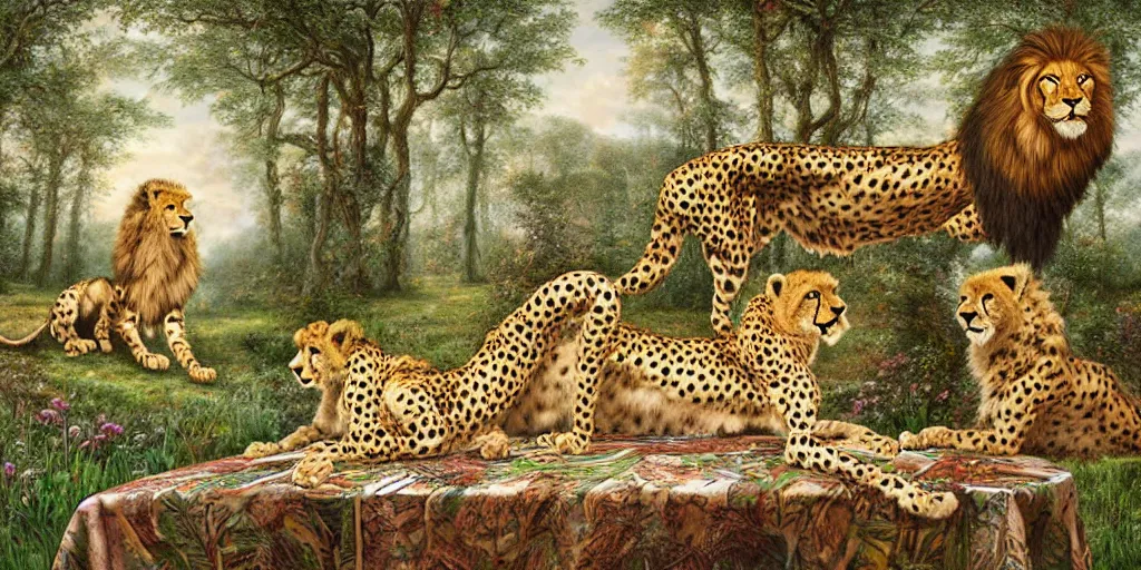 Image similar to cheetah and lion in front of birthday table in fairytale forest , huge scale, high detail, intricate by Jonathan Bentley