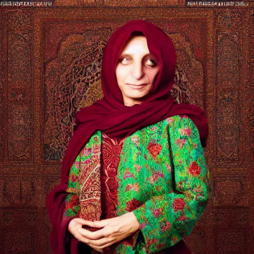 Prompt: Iranian Michelle Houellebecq wearing traditional persian clothes, realistic, photo studio, HDR, 8k, trending on artstation