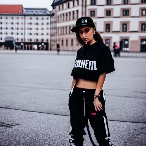 Image similar to photo of a female streetwear blogger, in 1925 berlin, photo from 2022, Fullbody color wideangle mediumshot dolly camera 4k 8k 130mm hd detailed