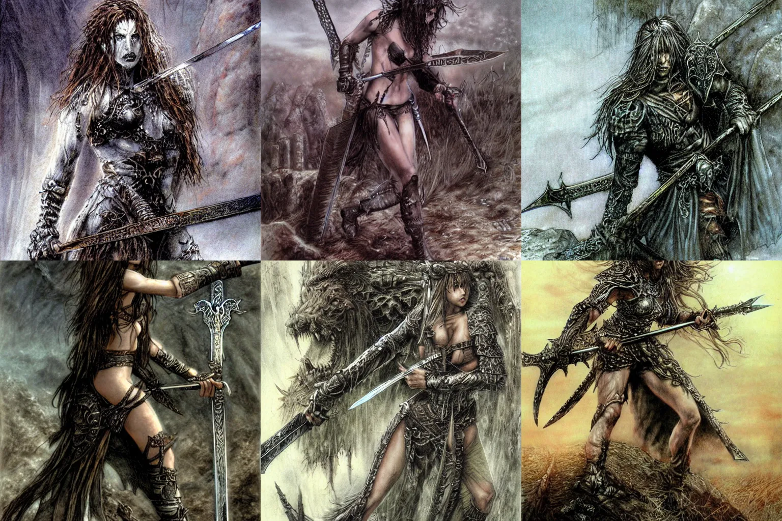 Prompt: barbarian wielding sword on hill of bones, by Luis Royo