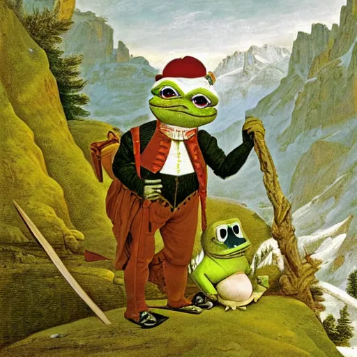 Prompt: Pepe the frog Crossing the Alps by Jacques-Louis David