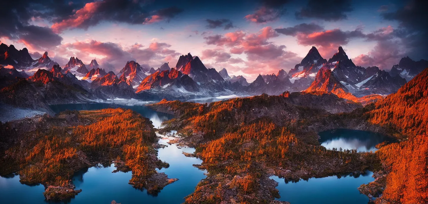 Image similar to amazing landscape photo of mountains with lake in sunset by marc adamus, beautiful dramatic lighting