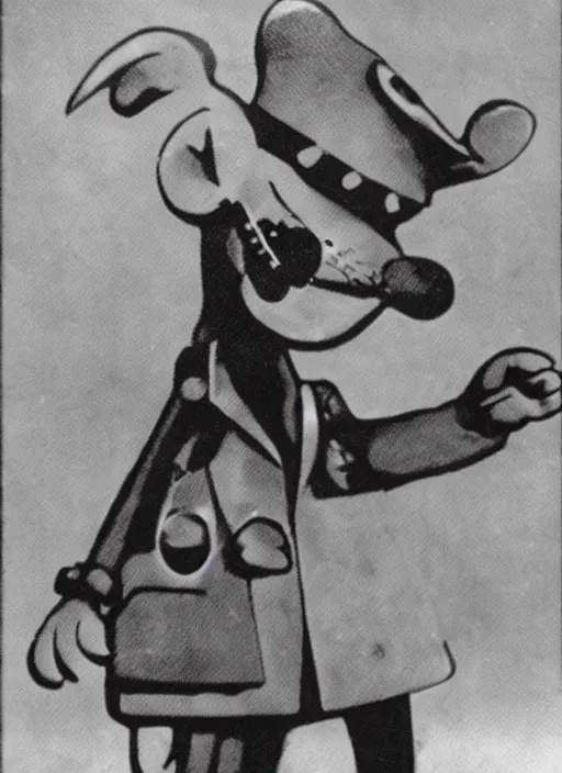 Image similar to Chuck E. Cheese mascot grainy 1940’s WWII military portrait of an anthropomorphic rat animatronic dressed like a soldier, professional portrait HD, mouse, Chuck E. Cheese head, authentic, mouse, costume weird