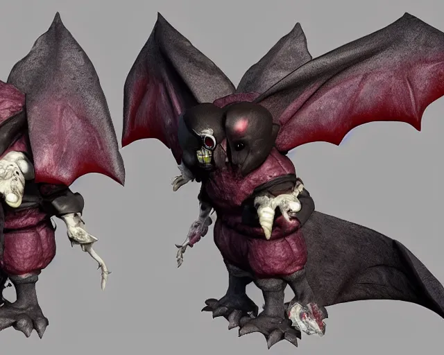 Image similar to 3d sculpt of a clown faced bat with huge bat wings, skull, artstation, digital illustration, league of legends, dark souls